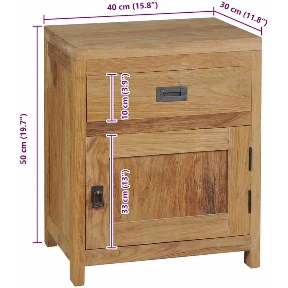 Teak Bedside Cabinet with Drawer and Cupboard, Rustic Hardwood Storage for Bedroom or Living Room, Durable Multi-Functional