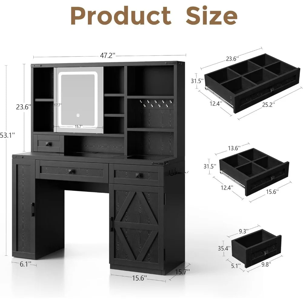 Customizable Rustic-Style Makeup Vanity Desk With Sliding Mirror, Lighting, And Glass Top Charging Station