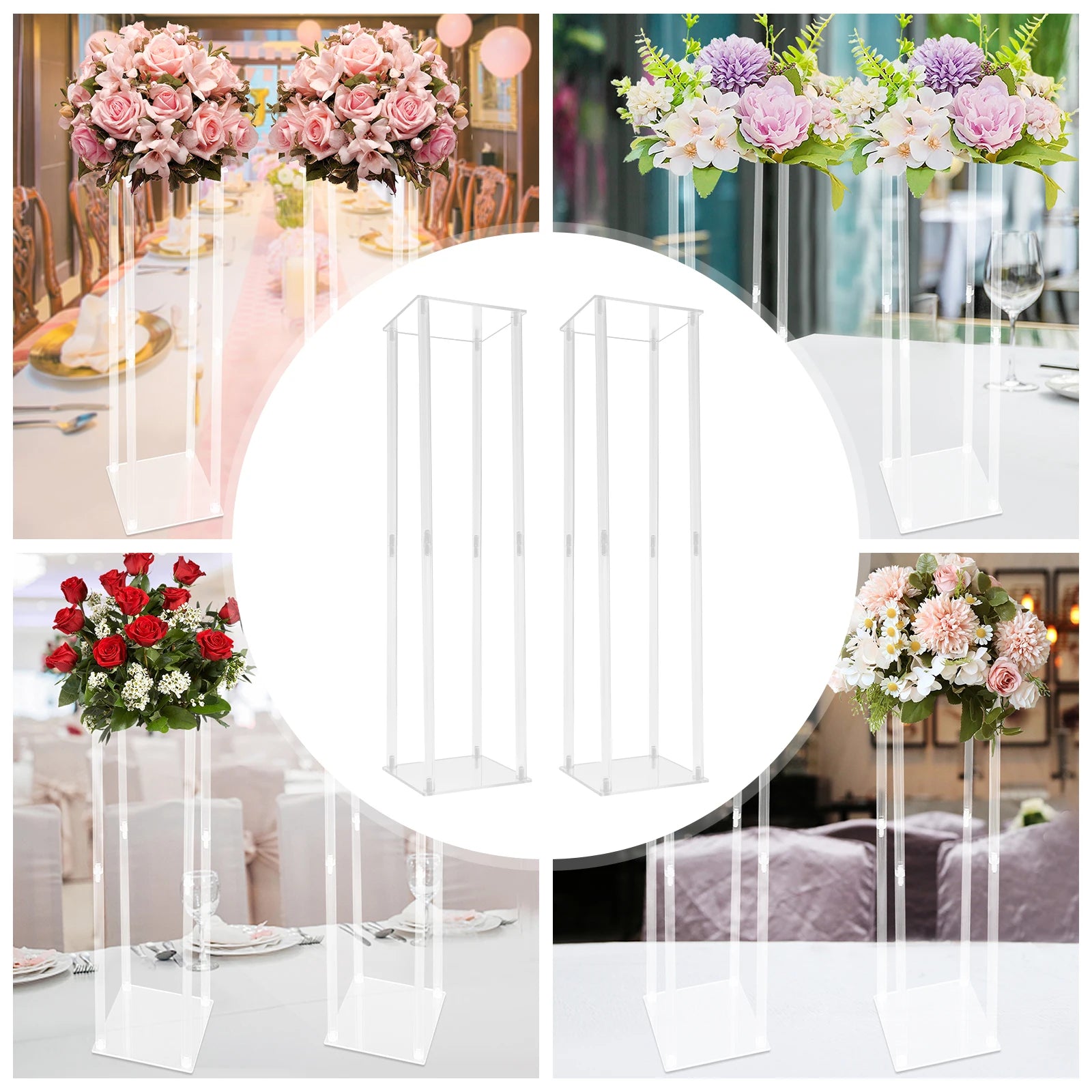2PCS Acrylic Clear Wedding Flower Stand 100cm Wedding Geometric Flower Vase Column Stand for Wedding Party Table Centerpiece