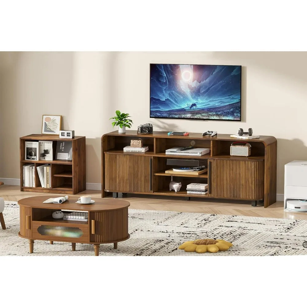 Mid-Century Modern Wood TV Stand for 75-80" TVs, Storage-Friendly Entertainment Center Console