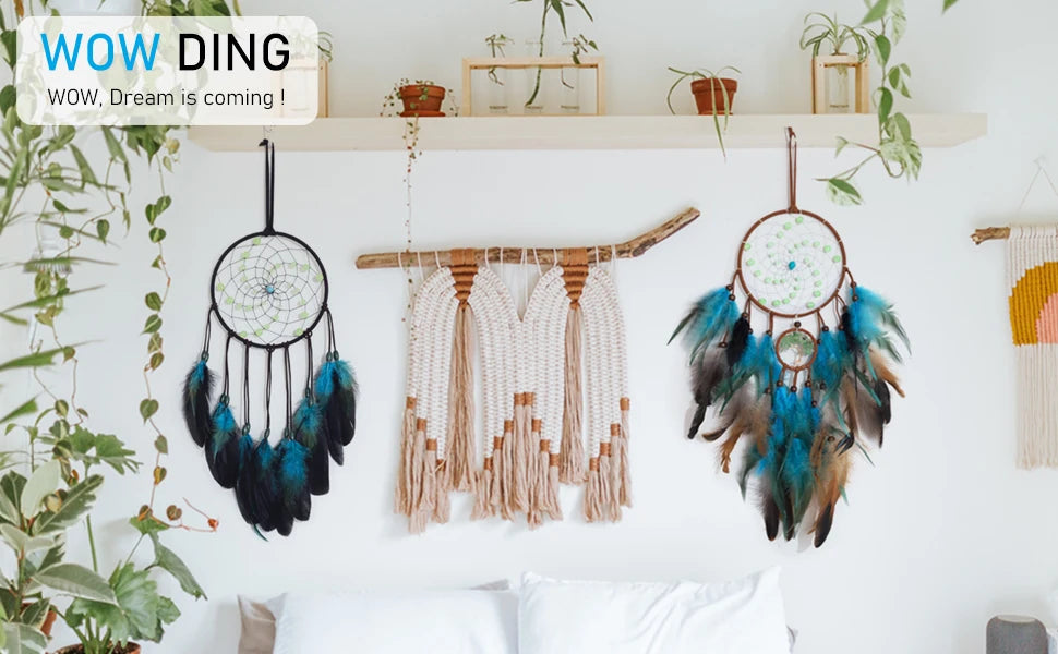 Luminous Beaded Dream Catcher Handmade with Blue Feathers and String Art Wall Hanging for Bedroom Decor Kids Teens Boys Girls Nursery Ornament Good Luck Gift for Birthday Christmas Home Decoration Boho Chic