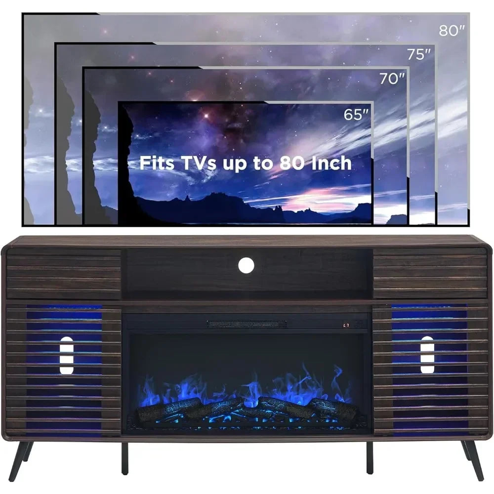 Fireplace TV Stand for 80" TV, Mid Century Modern Entertainment Center with 36" Electric Fireplace & Led Lights, Wood Media