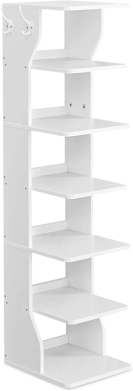 7-Tier Vertical Shoe Rack, Narrow Shoe Storage Organizer with Hooks, Slim Corner Shoe Tower Rack, Space Saving