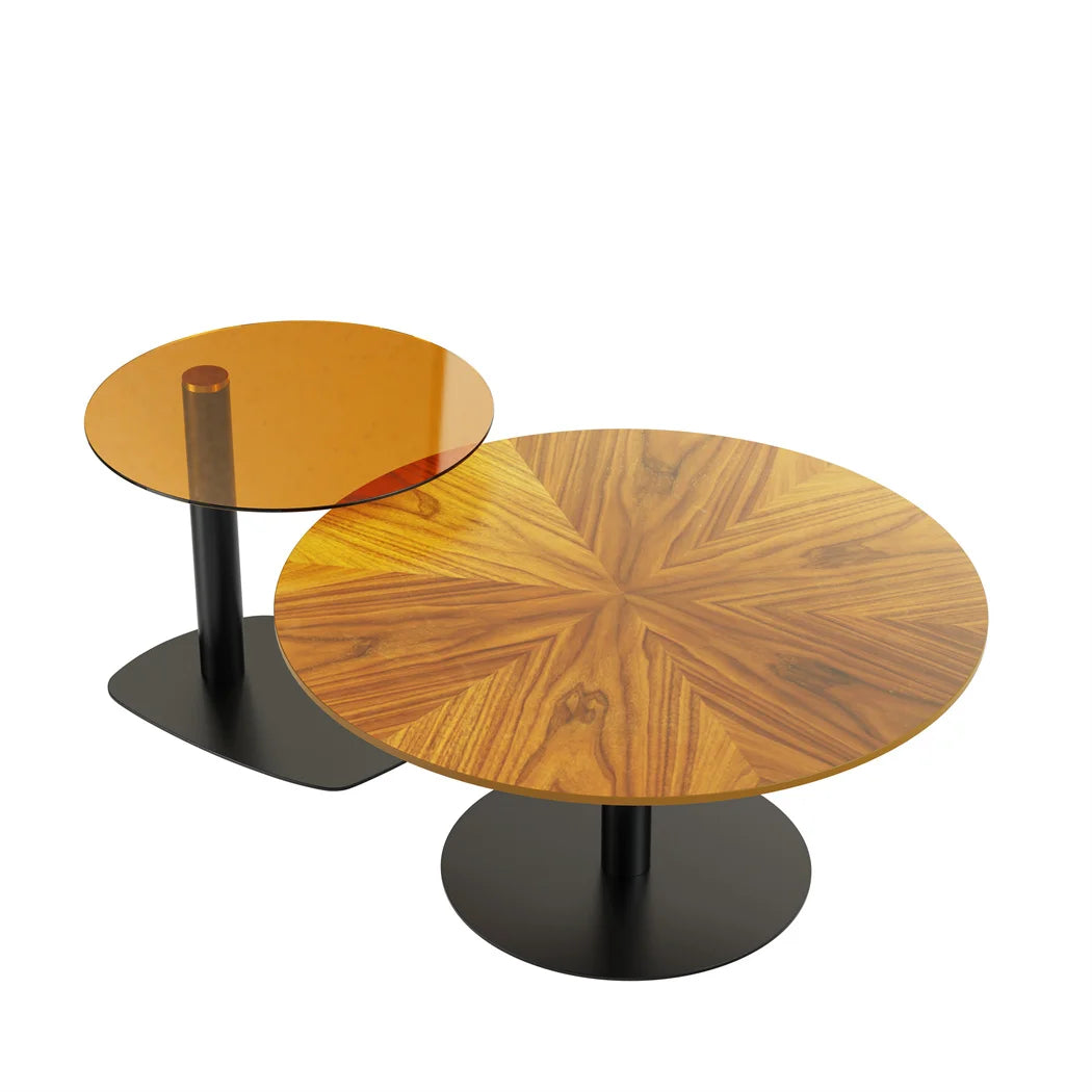LUVODI Modern Round Marble Coffee Table Set of 2 Living Room Center Table Sofa Side Desk with Black Glass End Table w Metal Legs