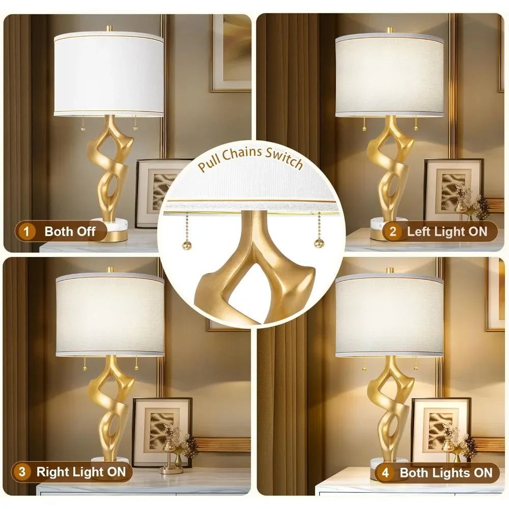 Customizable Scenekoy Sculptural Table Lamp Set of 2 for Living Room with Marble Base & USB Ports, Gold Leaf Finish Rustic