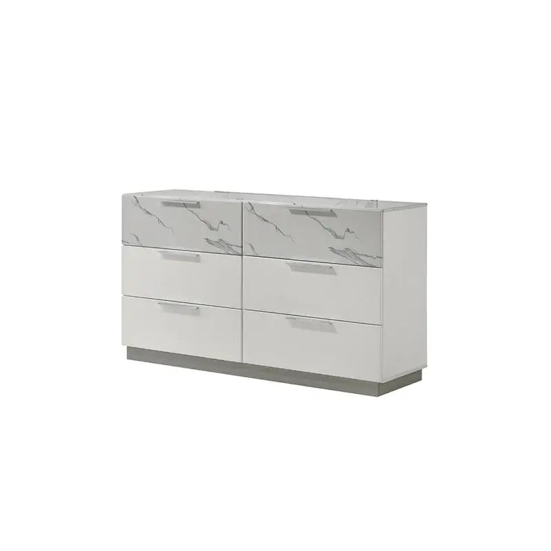 5-Piece Two-Tone High-Gloss Marble and Lacquer Finish Nightstand Set with LED Lighting, Spacious Velvet-Lined Storage, White