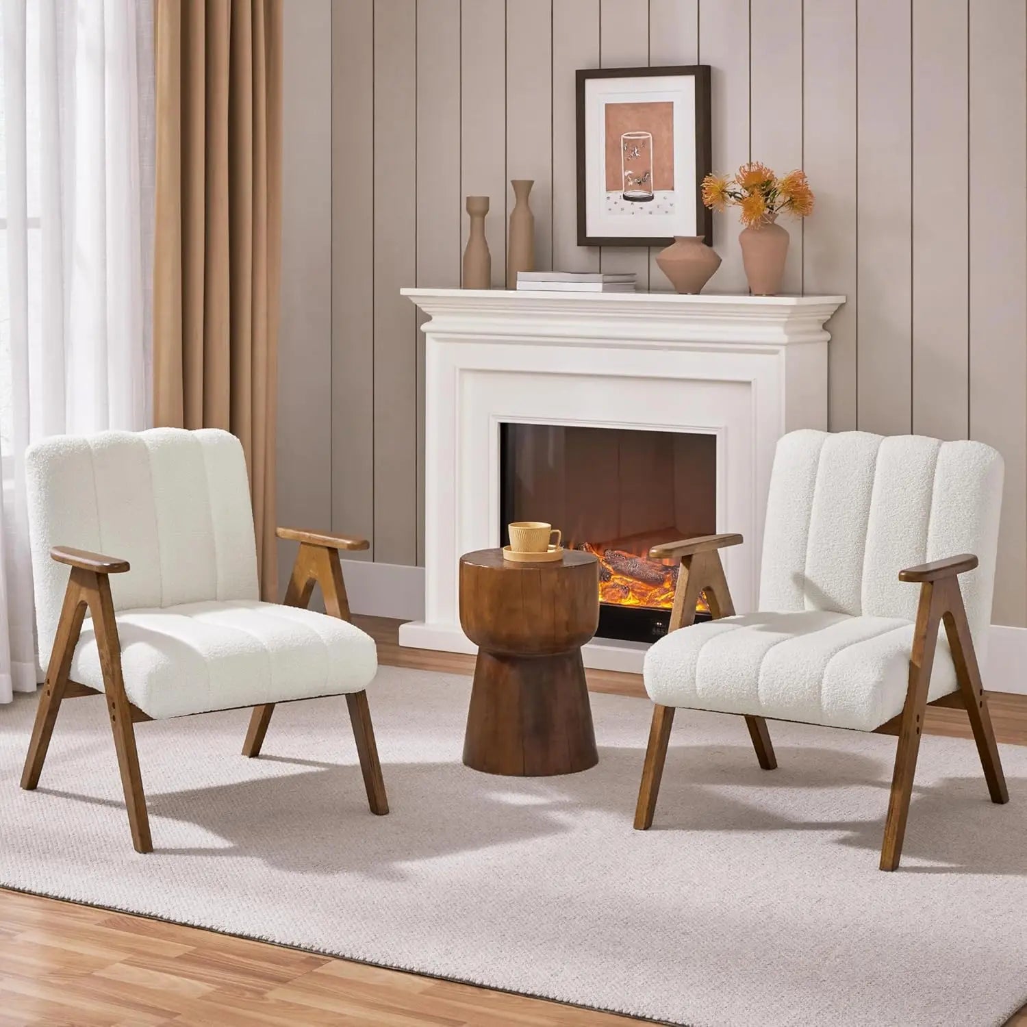 Boucle Fabric Mid Century Accent Chair Set of 2, with Solid Wood Legs