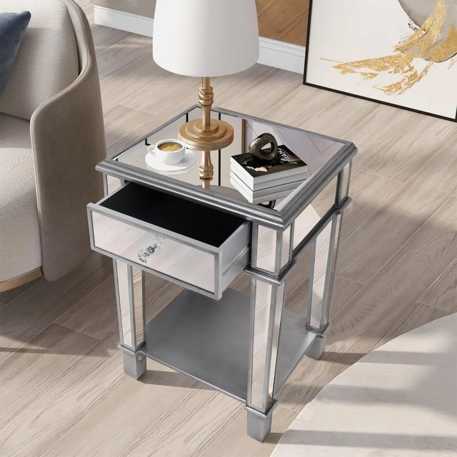 Silver Mirrored Nightstand, End Side Table for Bedroom, Living Room Bedside Table with Drawer and Open Shelf