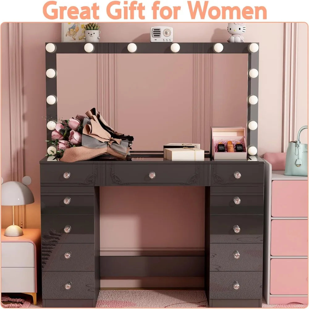 Lighted Makeup Vanity Desk with 14 LED Lights, 3 Modes, and Sliding 11-Drawer Storage