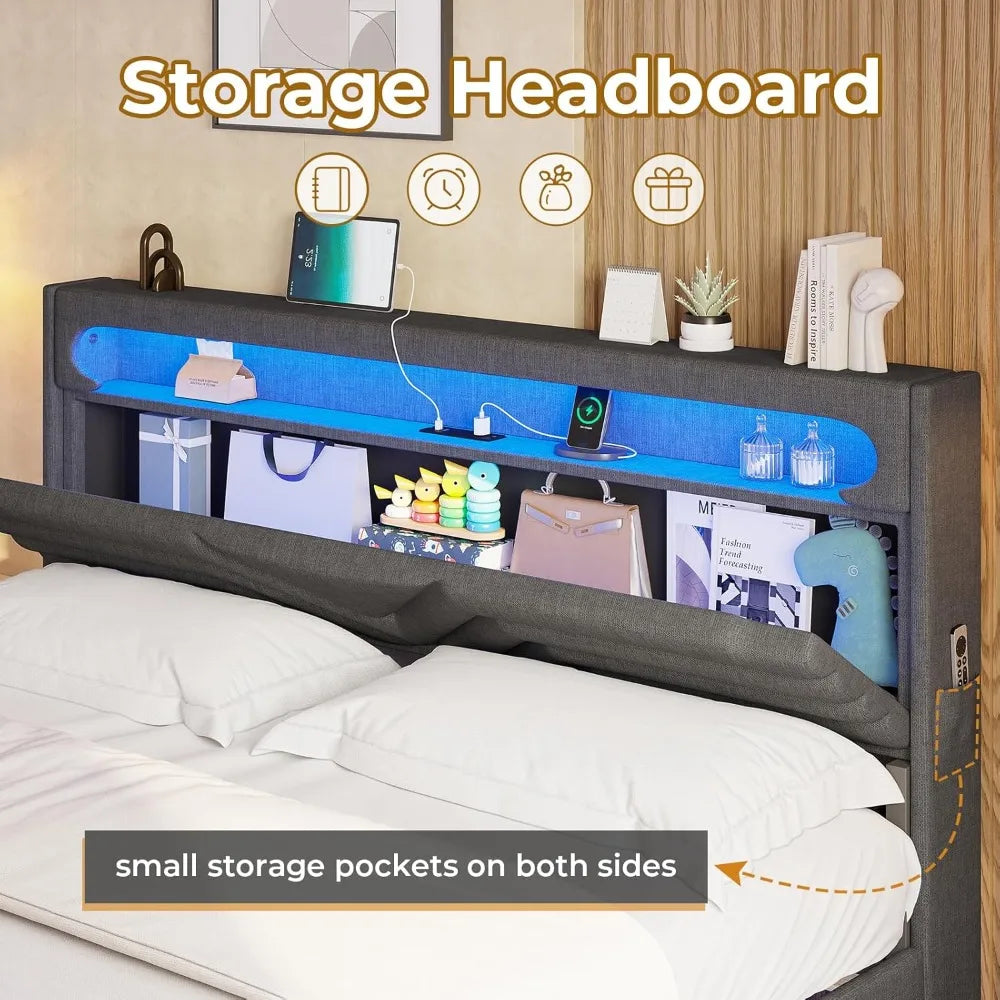 Queen Floating Bed Frame with Storage Headboard & LED Lights, Upholstered Platform Bed Frame with Type-C & USB Charging