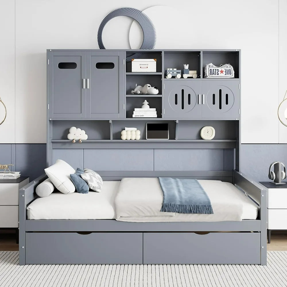 Gray Full Size Wooden Daybed with Storage Drawers, Bookcase Headboard, and All-in-One Cabinet & Shelf