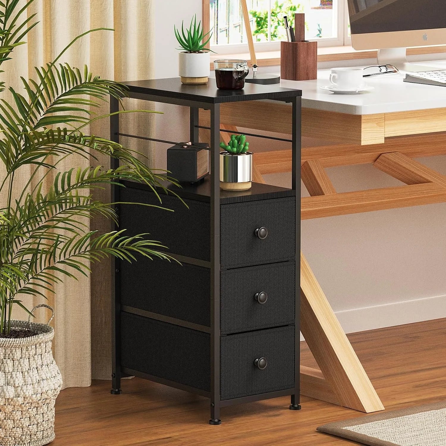 Narrow Slim Dresser & Bedside Table | 3 Fabric Drawers w/ Open Shelves | Space-Saving Storage Cabinet