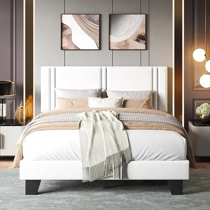 Upholstered Queen Size Bed Frame with Linen Fabric Headboard, Strong Wooden Slats Support, No Box Spring Needed