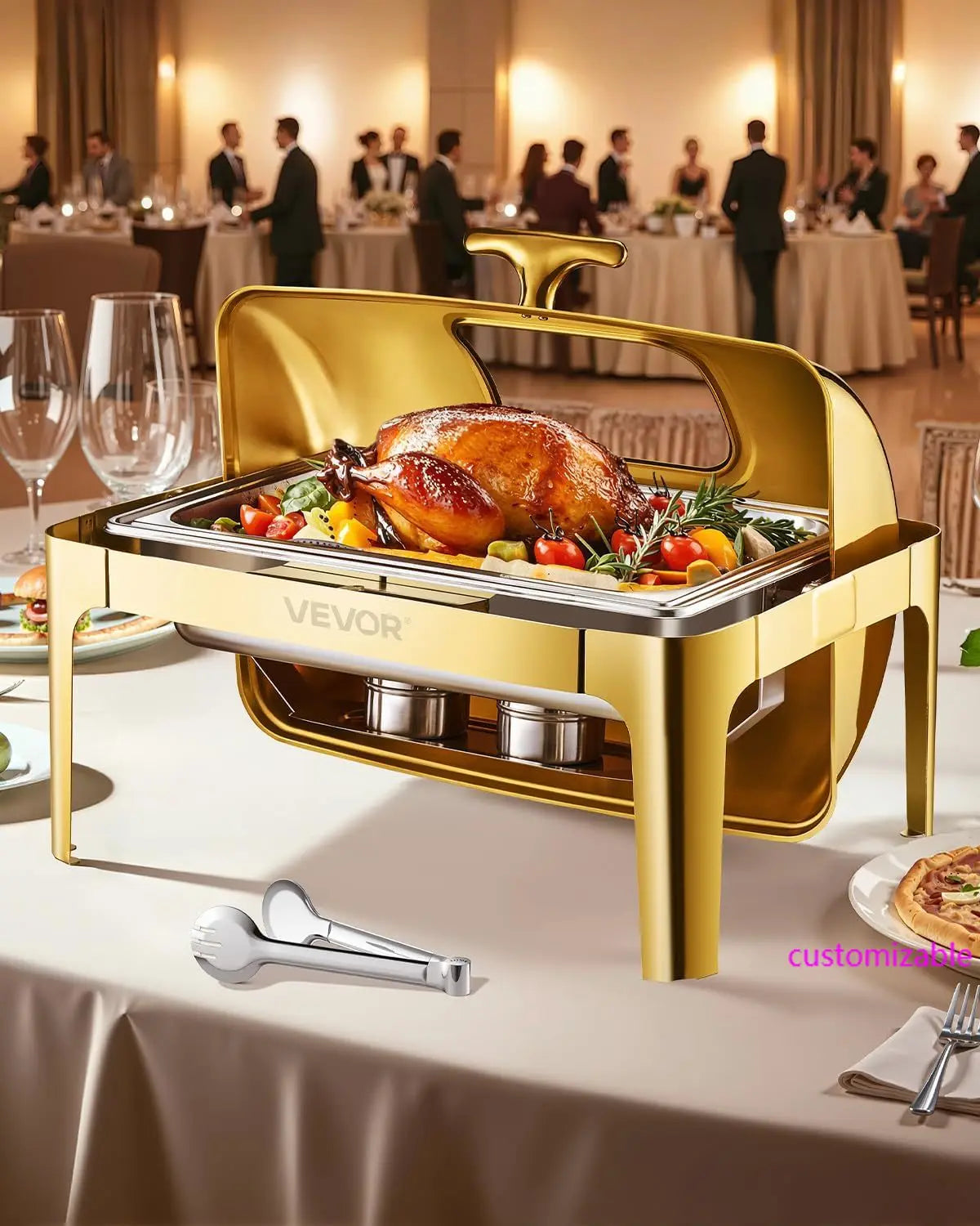 Roll Top Chafing Dish Buffet Complete Set, 9 Qt Stainless Steel Chafer with Full Size Pan, Rectangle Catering Warmer Server