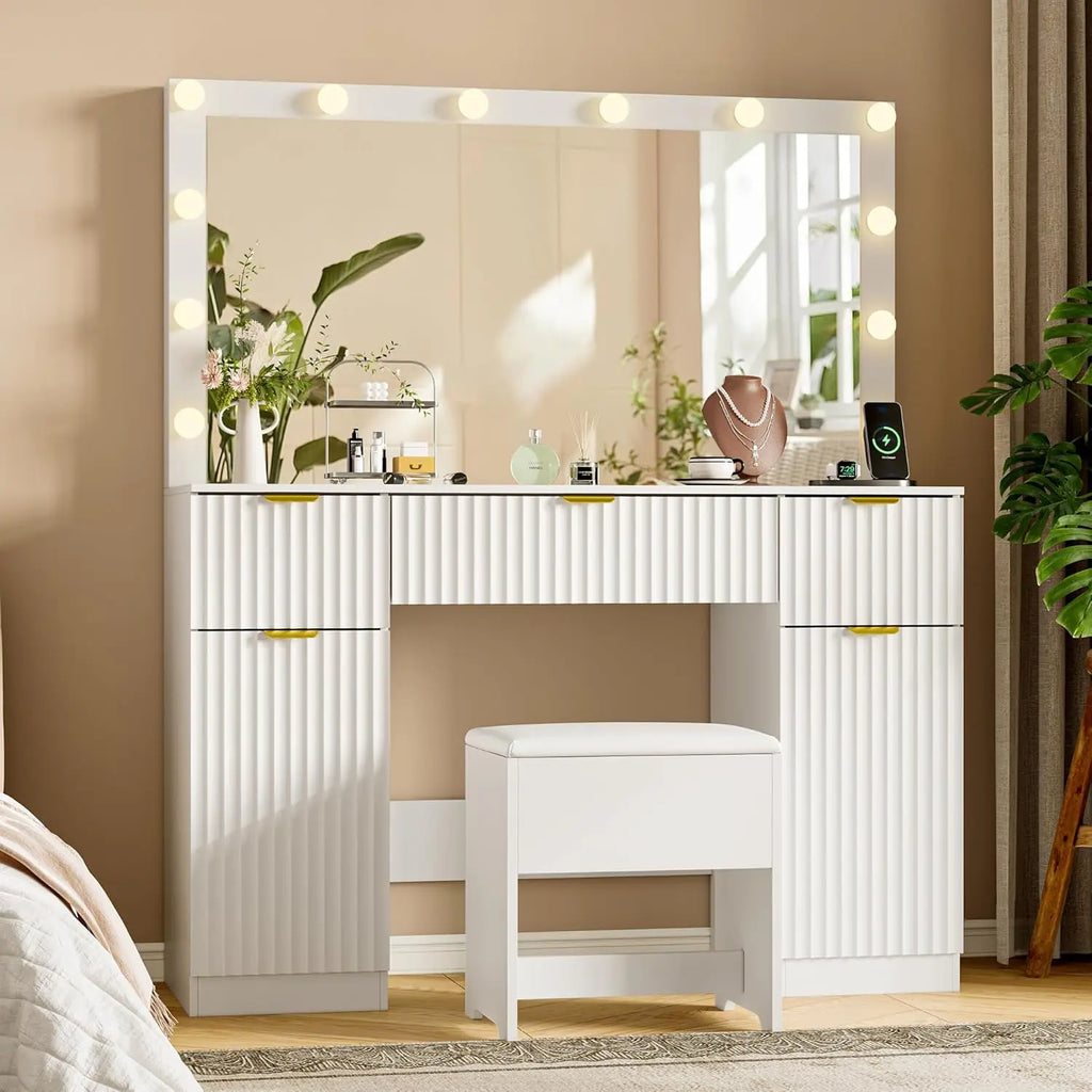 Vanity Desk with Large 42" Mirror and Lights, White Fluted Makeup Table Set with Storage Drawers, Power Outlet & Stool