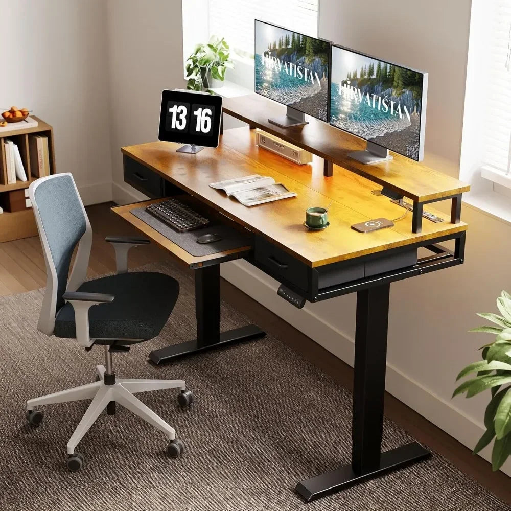 Electric Standing Desk with Drawers & Keyboard Tray, 55" Height Adjustable Gaming Desk with Power Outlets & LED Lights