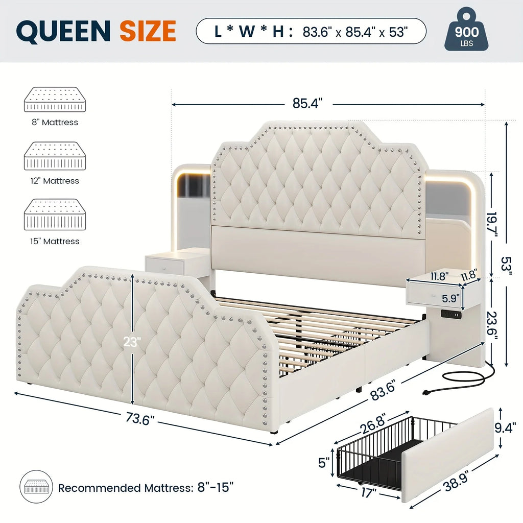 Queen Size Bed Frame/2 Nightstands with Mirror, Platform Bed Frame with 53" Tall Headboard and 4 Storage Drawers