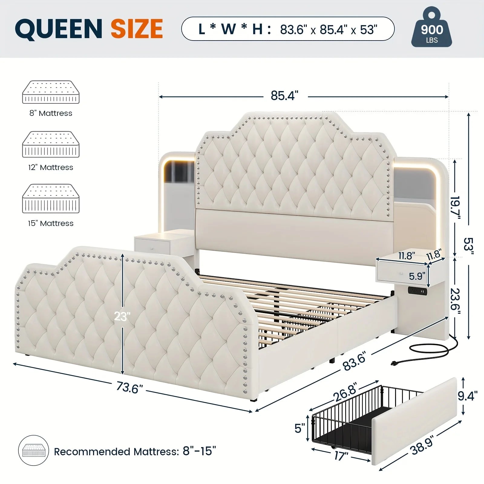 Queen Size Bed Frame/2 Nightstands with Mirror, Platform Bed Frame with 53" Tall Headboard and 4 Storage Drawers