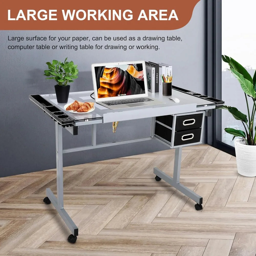 Adjustable Drafting Table, Art/ Desk Drawing Table Versatile Art Craft Work Station Glass Tabletop w/2 Slide Drawers and Wheels