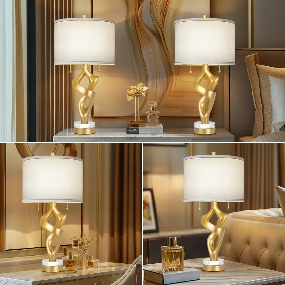 Customizable Scenekoy Sculptural Table Lamp Set of 2 for Living Room with Marble Base & USB Ports, Gold Leaf Finish Rustic