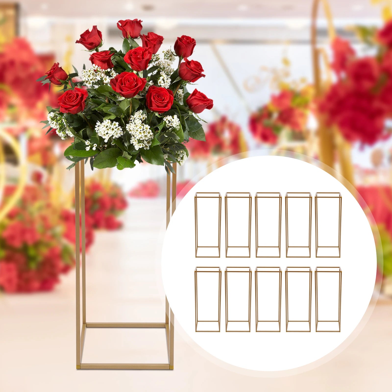 10-Pack Gold Flower Stand Set, 60cm/80cm Modern Rectangular Metal Display Stands for Wedding Centerpiece, Party, Dessert Table Decor