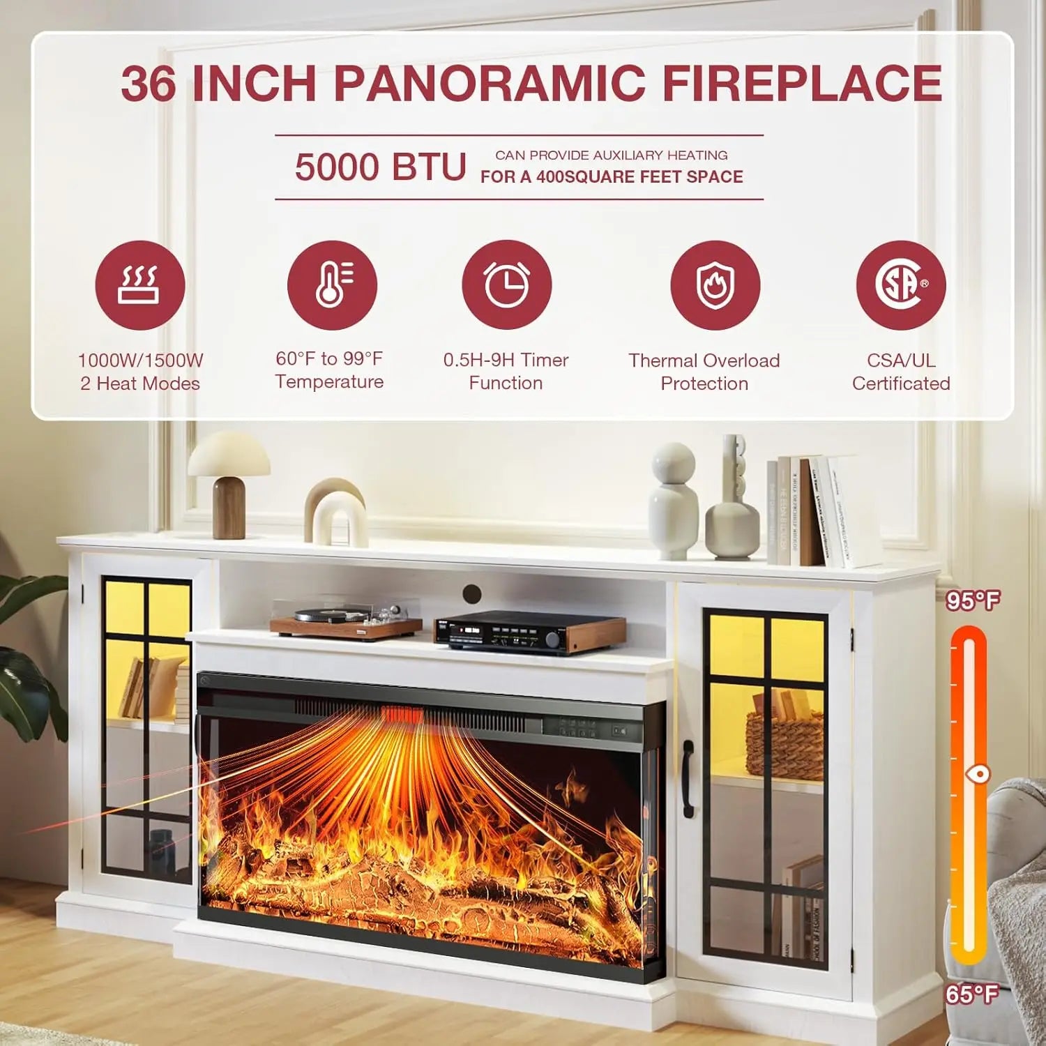 36 Inch 3-Sided Glass Fireplace TV Stand for TVs up to 80",Rustic Media Entertainment Center/Console Table with Glass Door/Storage
