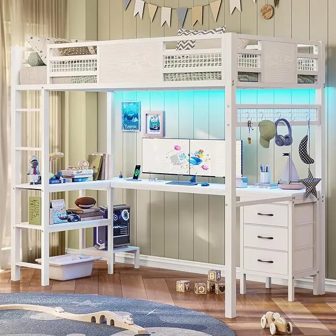 Loft Bed Twin Size with L-Shaped Desk, LED Lights, Charging Station, Twin Metal Loft Bed Frame with Fabric Drawers & Shelves