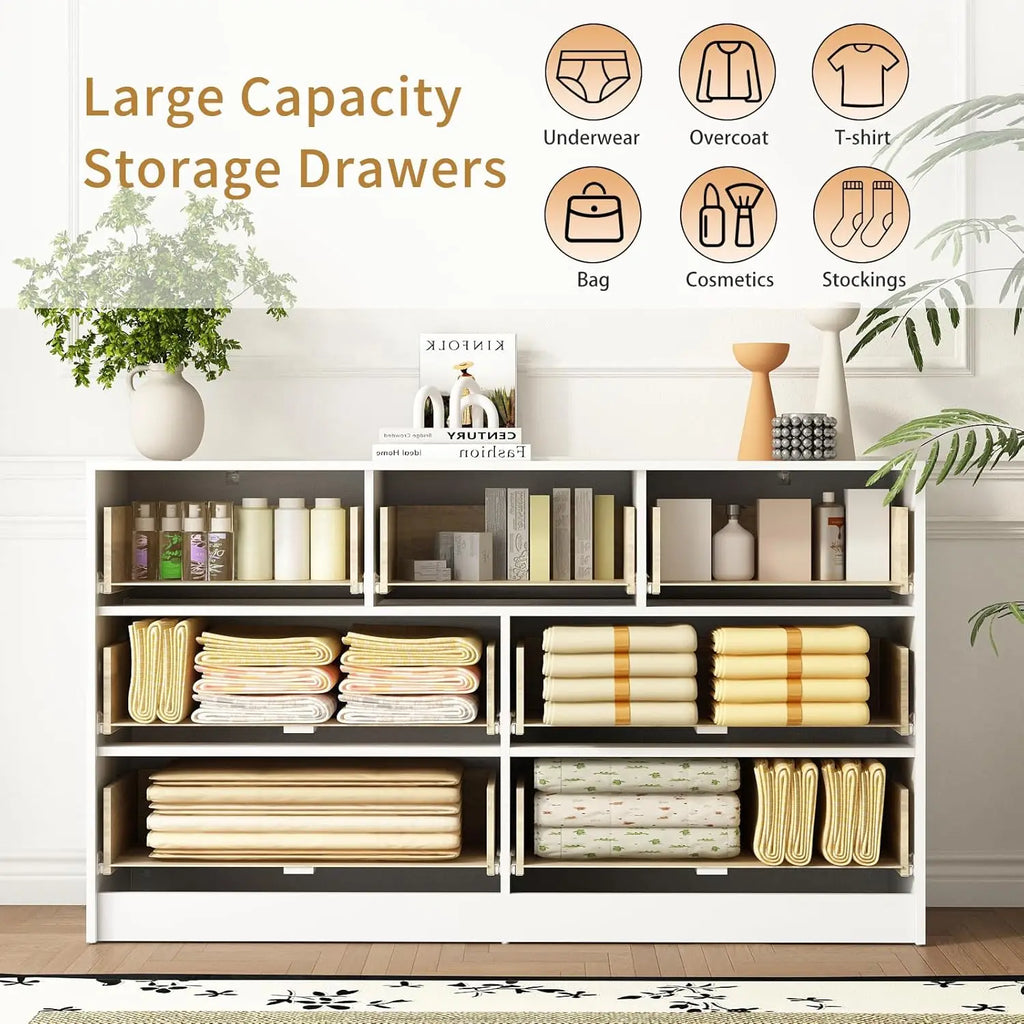 Mid-Century 3-Piece Bedroom Furniture Set: 2-Nightstands and 7-Drawer Dresser with Gold Hardware
