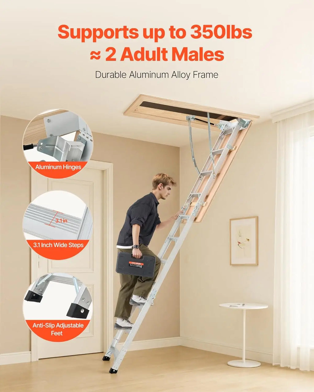 Adjustable Height Multi-Purpose Foldable Aluminum Attic Ladder with 375LBS/170KG Capacity, 9.8 to 10.3 ft/3 to 3.13 m Range