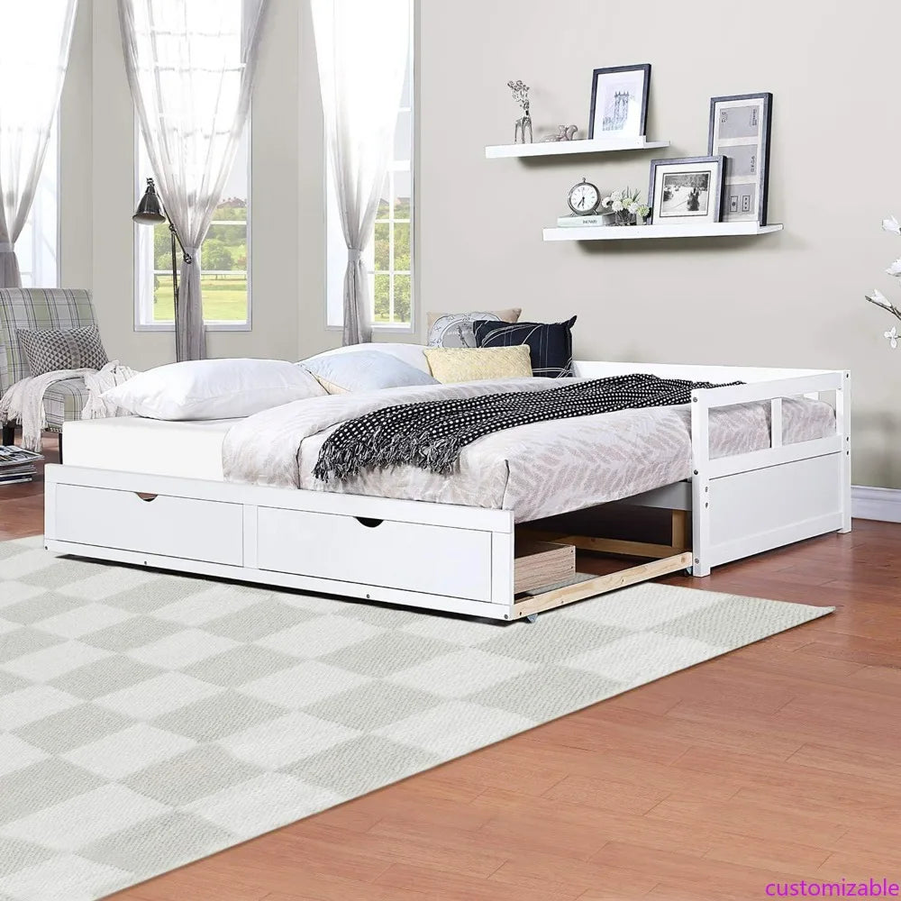 Expandable Solid Wood Daybed with Trundle and Storage Drawers, Convertible Twin to King Size Bed, Easy Assembly for Bedroom