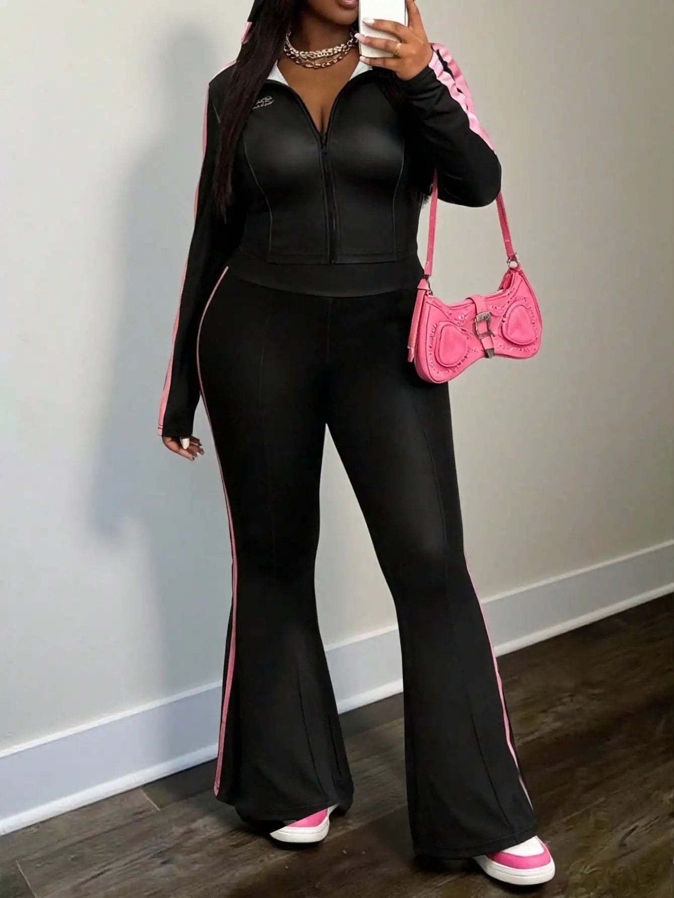 Plus Size Women's Black Pink Stripe Zip-Up Hoodie & Flare Pants/ 2 Piece Tracksuit Set