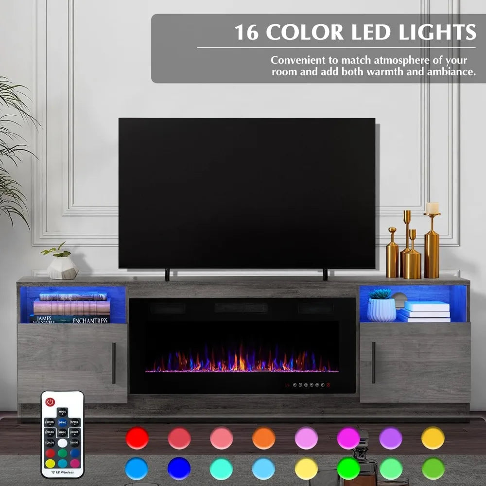 Popular-Fireplace TV Stand With 36" Fireplace Up To 80" TVs ,LED Light Entertainment Center And Storage
