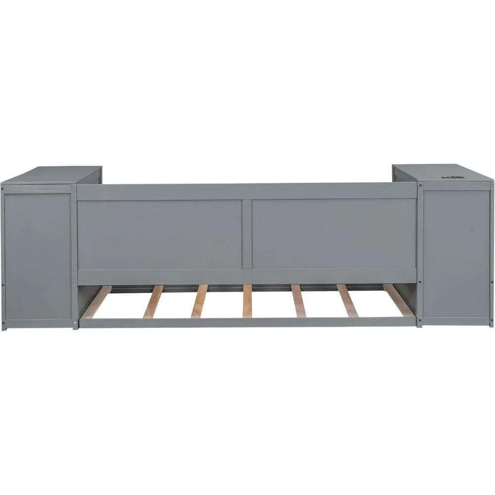 Gray Wood Twin Daybed with Trundle, Storage Arms, and Charging Station for Bedroom