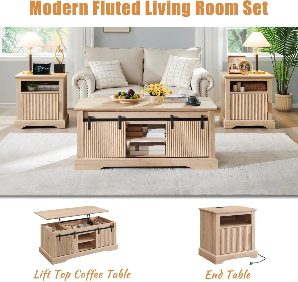 46" Fluted Lift Top Coffee Table with Sliding Door, Modern Center Table w/Adjustable Storage Shelf & Hidden Compartment