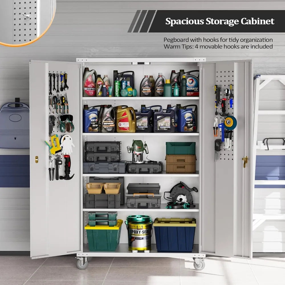 Upgraded Wide & Deep Garage Storage Cabinet, Metal Storage Cabinet with Pegboards, Wheels, Locking Doors and Adjustable Shelves