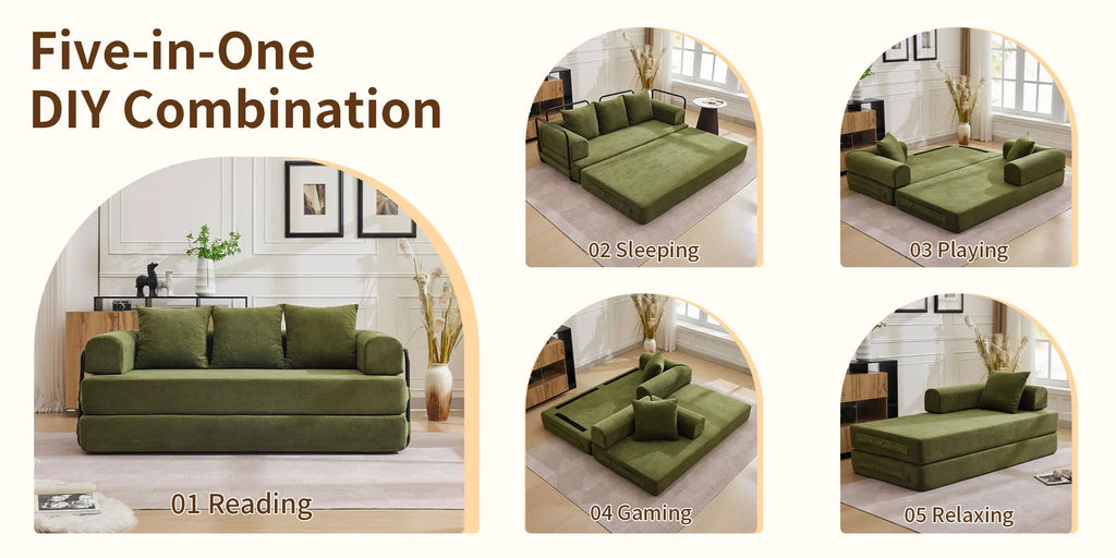 Convertible Sofa Bed with Pillows Modular Floor Sofa with Fixed-Shape Frame Chenille, Removable Folding Mattress Couch