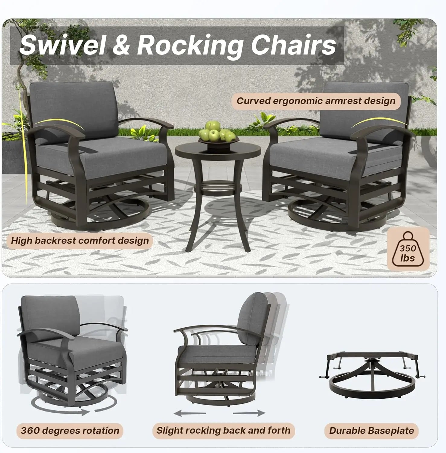 Aluminum Swivel Rocker Patio Chairs w/Thick Cushion, Rocking Chairs with Double Side Table for Balcony Porch/ Patio Pool,