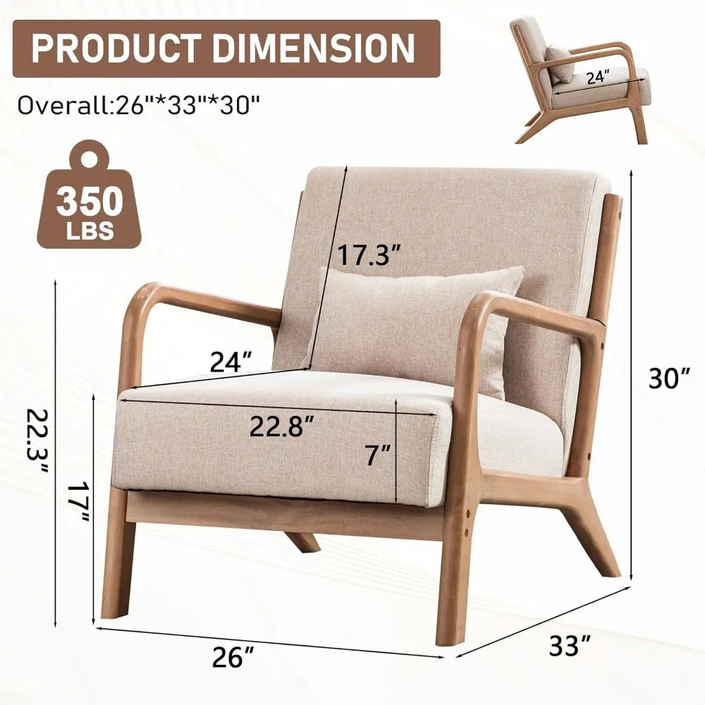 Mid Century Modern Accent Chair, Comfy Fabric Living Room Chairs with Solid Wood Frame, Lounge Reading Armchair