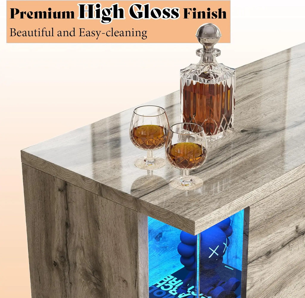 Glossy Oak Fireplace TV Stand with 36" Fireplace, 70" LED Lights Entertainment Center with Flip Doors & Corner Glass Decor