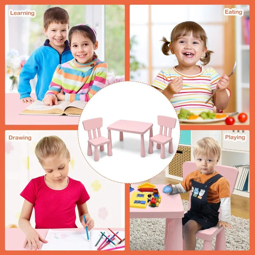 Kids 3 Piece Table and Chair Set, Plastic Children Activity Desk for Reading, Drawing, Snack Time, Arts Crafts, Preschool, Kind