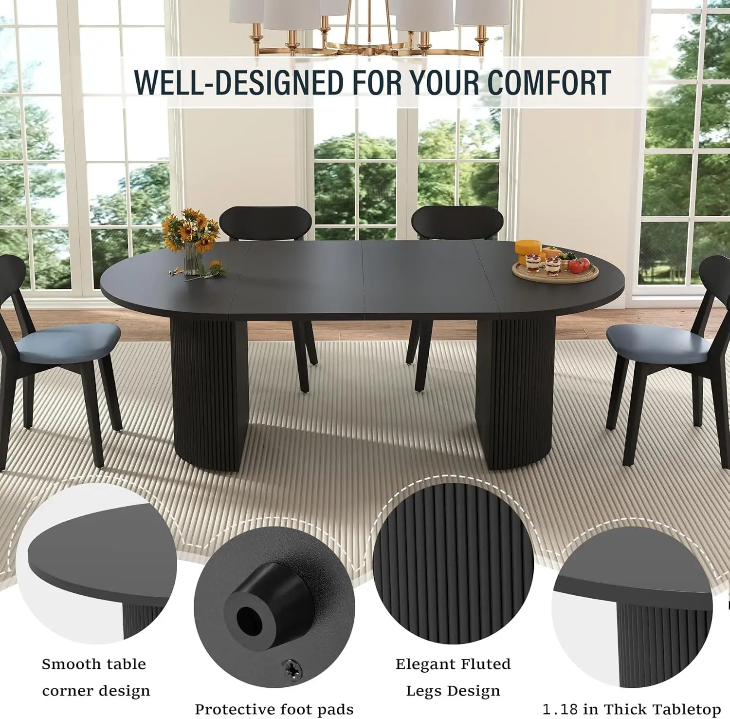 41 in-78 in Extendable Dining Room Table for 4-8, Round Expandable Kitchen Table with Fluted Base, Modern