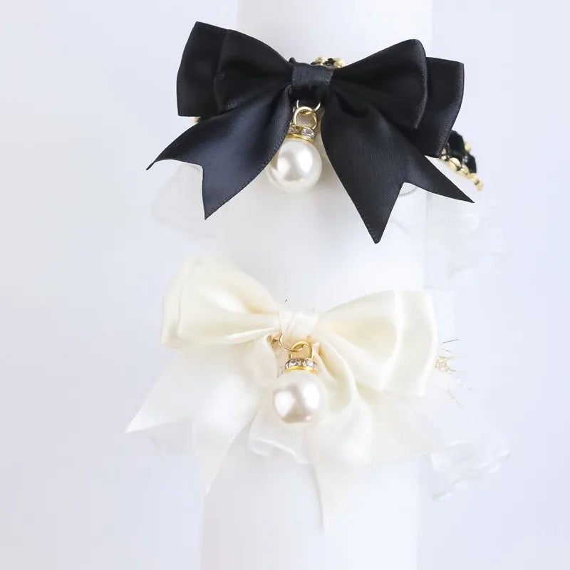 Lace Princess Cat Collar Necklace with Bow and Pearl Decoration Cute Kitten Jewelry Accessory