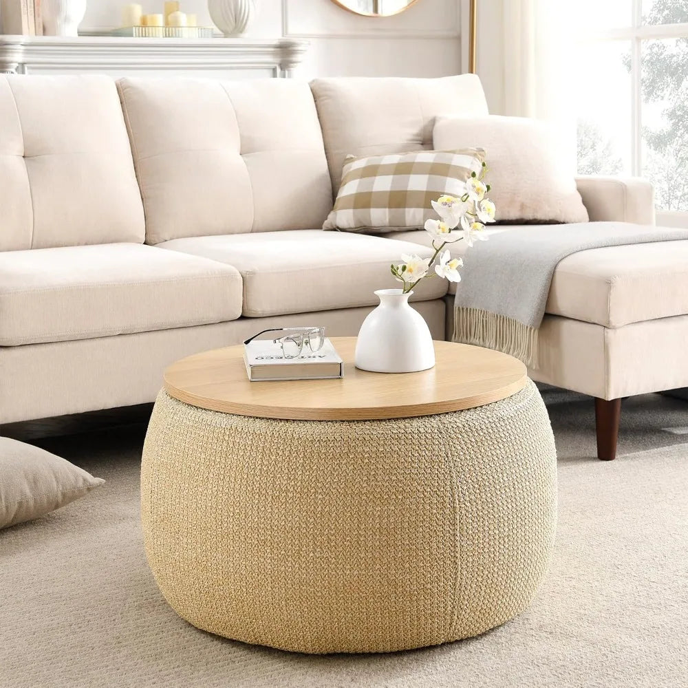 Modern Round Storage Ottoman with Wooden Lid, Circle Ottoman Handmade Ottoman Coffee Table, End Table & Footstool for Living Room