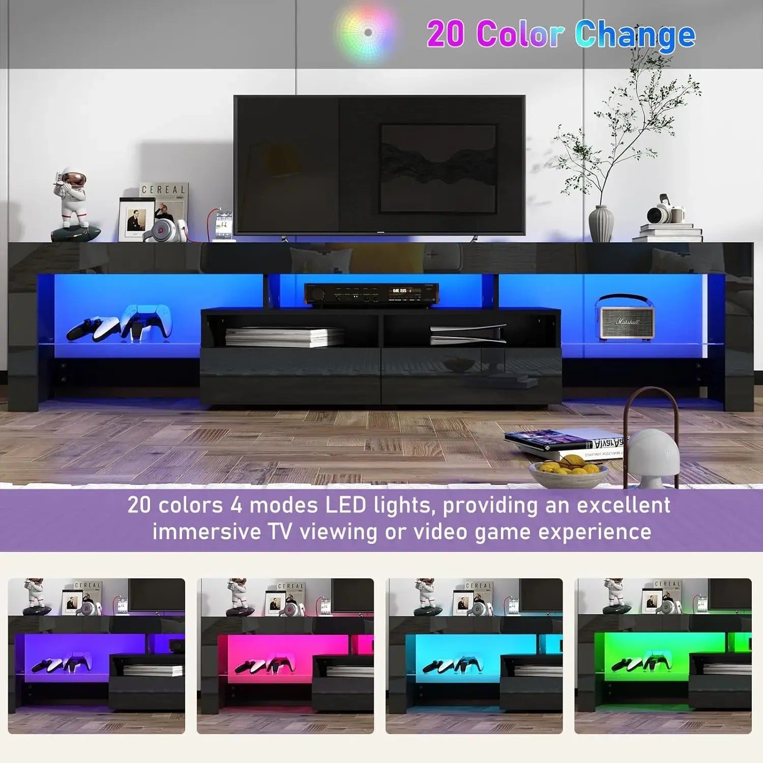 LED TV Stand for 75/85/90 inch TV, High Glossy Modern Entertainment Center with Drawer and Led Lights, Television Table Media