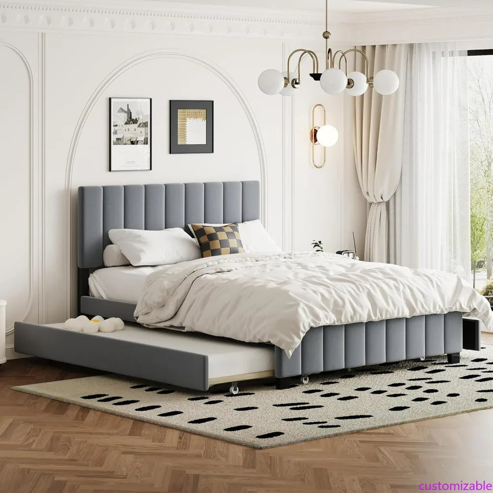 Queen Upholstered Platform Bed with Storage Drawers and Twin XL Trundle, Wooden Bed Frame, No Box Spring Needed