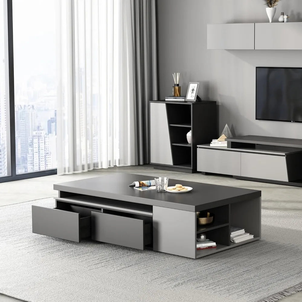 Extendable Modern Coffee Table with Large Storage Drawers, Black & Grey
