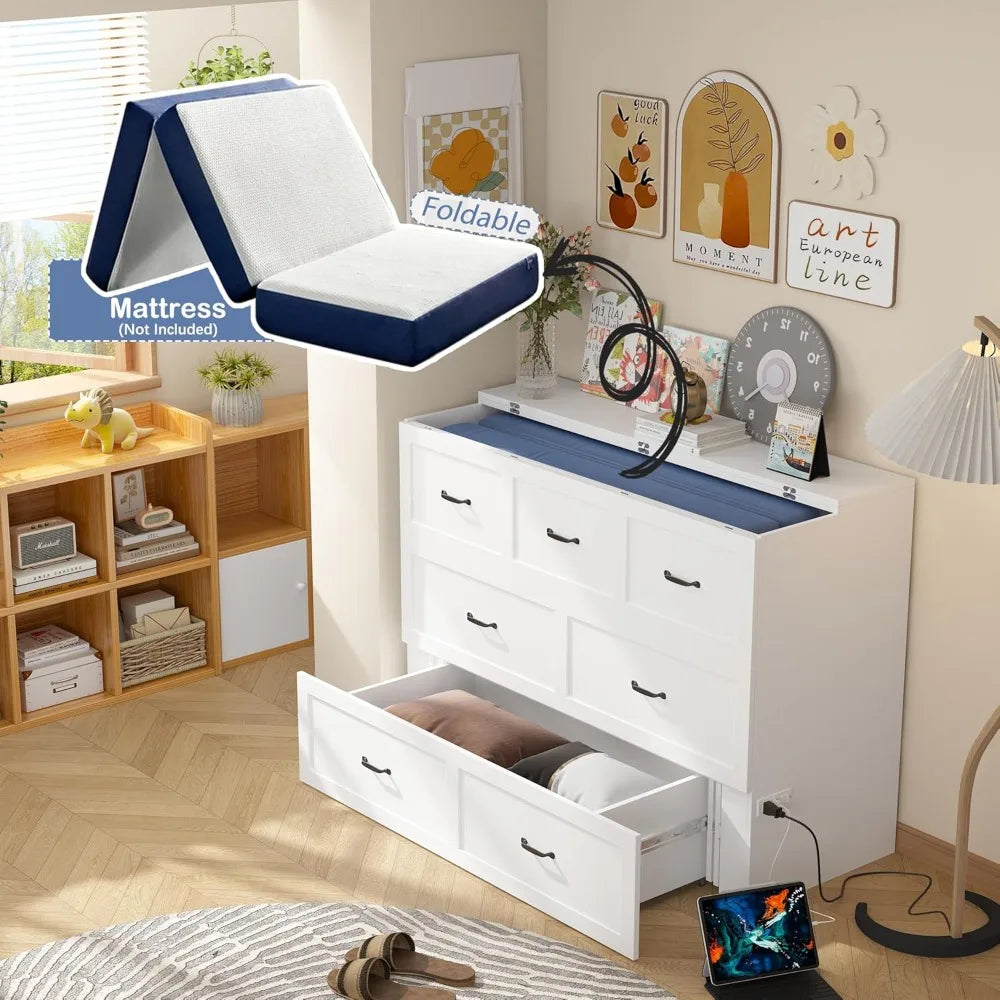 Multi-Functional Murphy Cabinet Bed, Queen Size Bed Frame, Murphy Bed Chest with Built-in Power Strip & Drawers
