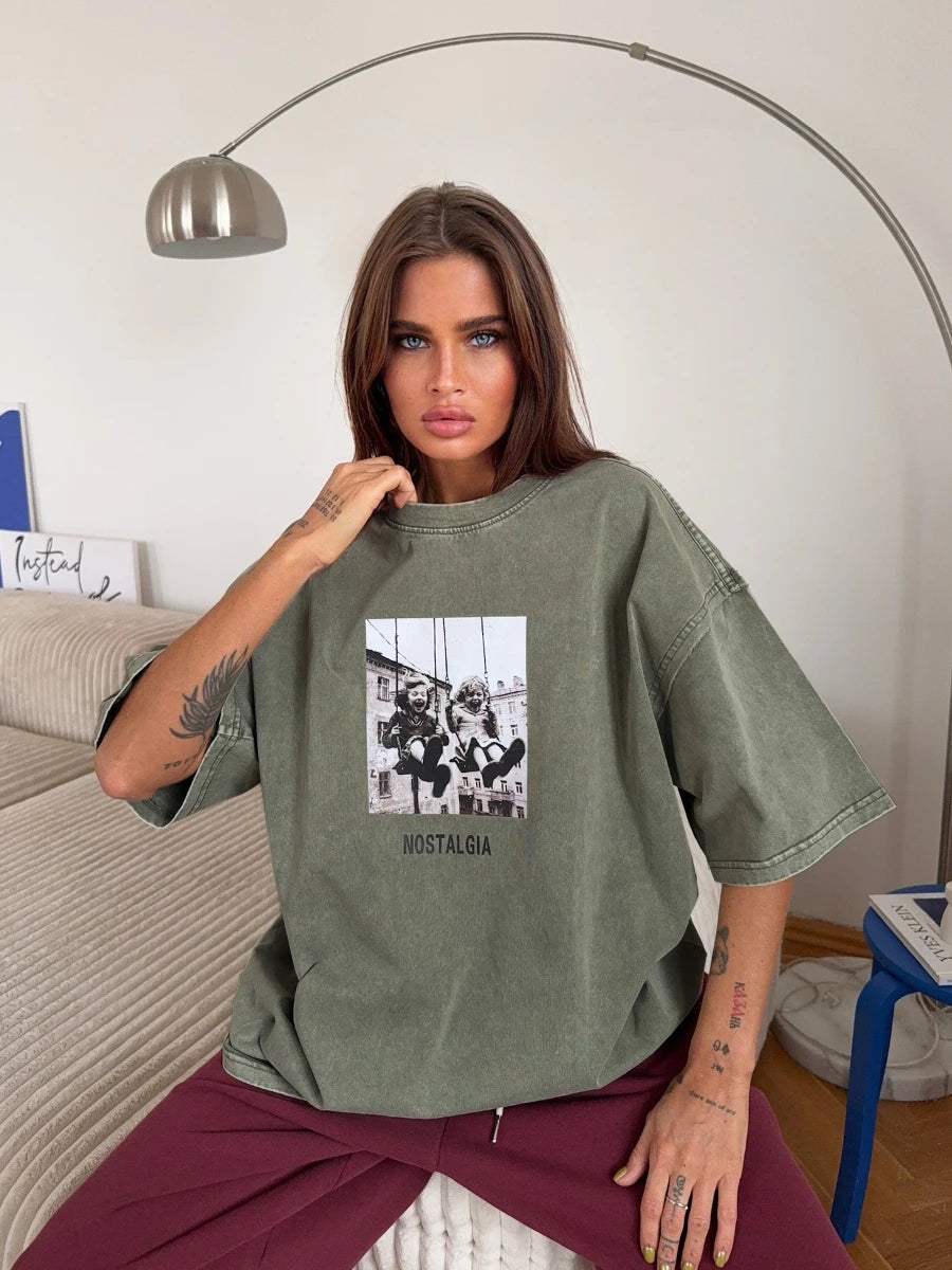 Sumuyoo 100% Cotton Women's Retro Printed T-Shirt Men Vintage Short-Sleeve Wax Printing T Shirts Fashion Hip Hop Loose Tees