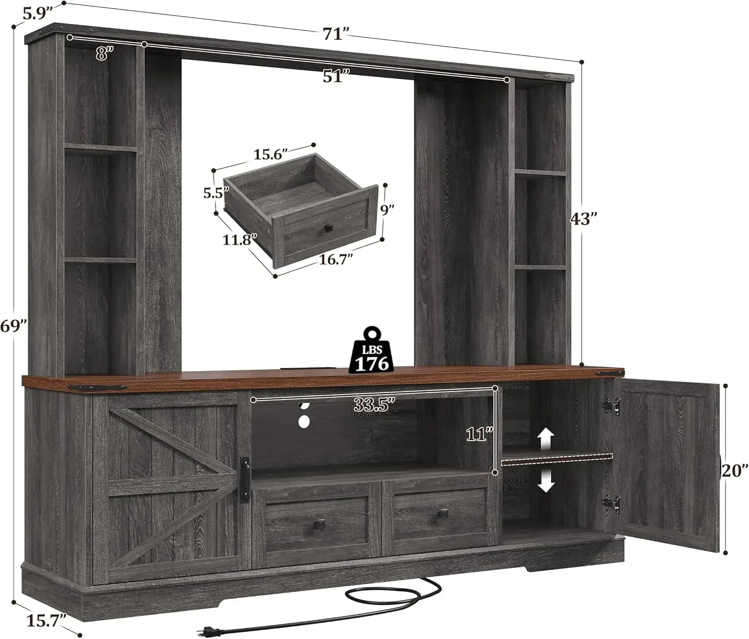 Wood TV Stand, Large Wall Unit Entertainment Center, Living Room with 2 LED Lights & Power Outlets, Storage Shelves ,Dark Grey