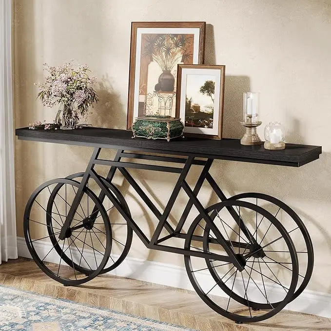 70.9-Inch Extra Long Console Table, Narrow Sofa Table with Bicycle Metal Base, Modern Industrial Entryway Table for Living Room